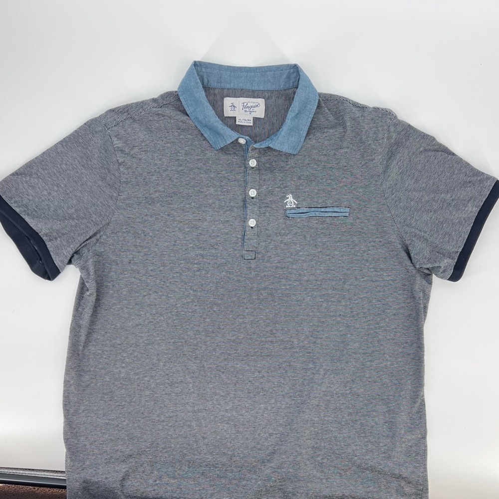 Original Penguin Mens XL Polo Shirt Blue  White Micro Stripe Chambray Collar